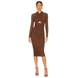 Bardot Brown Ruched Midi Dress With Long Sheer Sleeves Back Zipper Closure